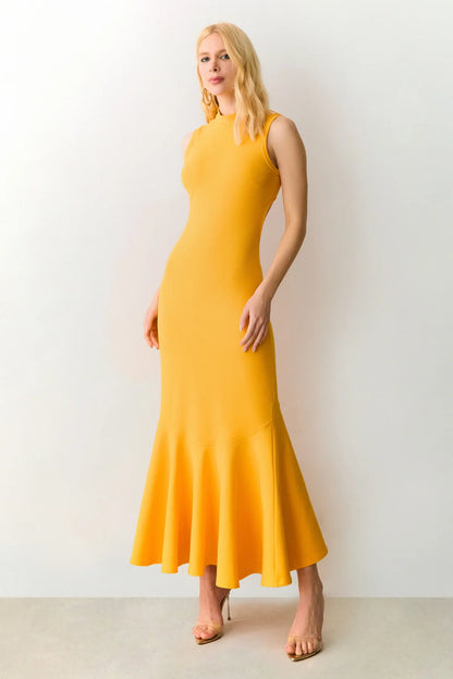 VESTIDO MIDI BARRA COM RODA AMPLAE ABERTURA COSTAS LARANJA MANGA 11779