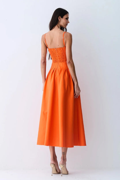 VESTIDO LONGO ACINTURADO PREGAS SAIA RECORTE LARANJA TANGERINA 11583