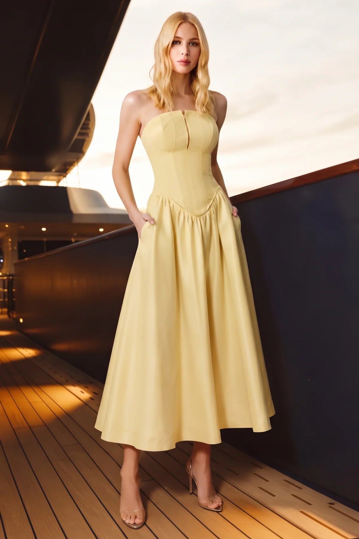 VESTIDO MIDI TOMARA QUE CAIA ZIPER DE METAL AMARELO MANTEIGA 11753