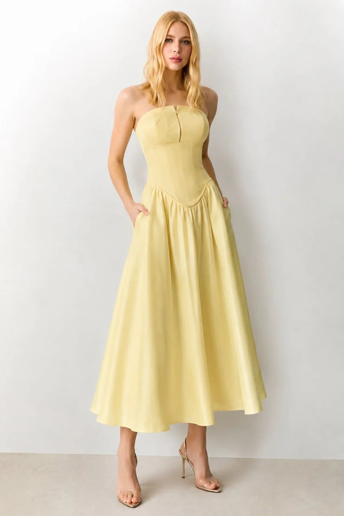 VESTIDO MIDI TOMARA QUE CAIA ZIPER DE METAL AMARELO MANTEIGA 11753